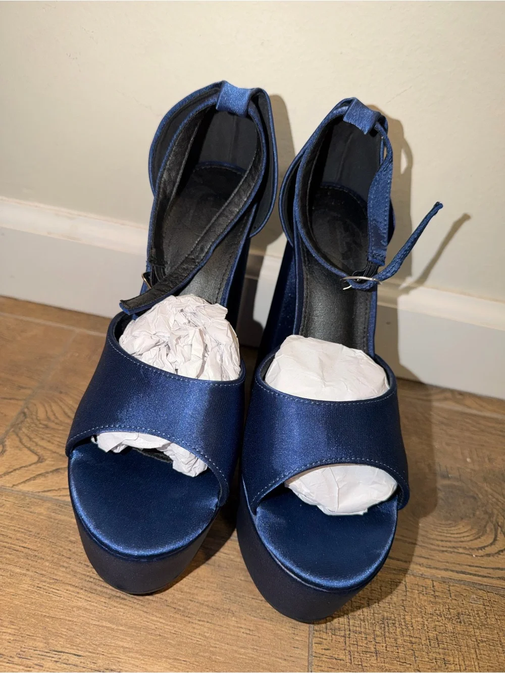 SHEIN Navy Satin Platform Peep-Toe Ankle Strap Heels